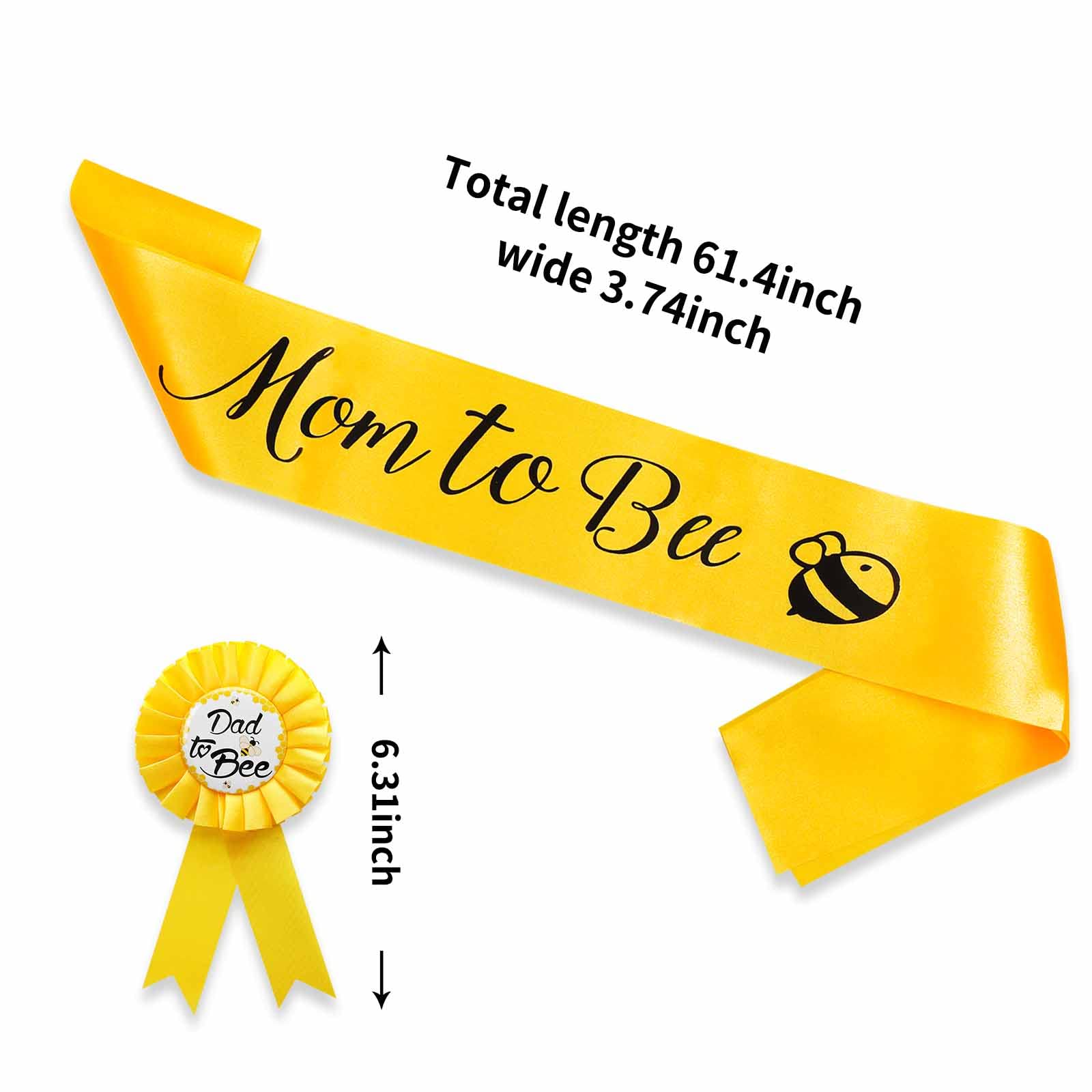 2 Packs Yellow Mom to Bee Sash and Dad to Bee Tinplate Badge, Baby Shower Decorations with Cute Bee Pattern Baby Welcome Party