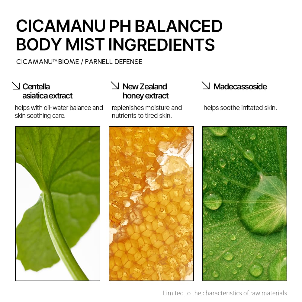 Parnell Cicamanu pH Balanced Body Mist - Centella Asiatica, Hyaluronic Acid, Ceramide, LHA, PHA, Mild Exfoliating, Soothing and Moisturizing Mist for Body, Back Acne and Bacne (5.07 Fl Oz / 150ml)