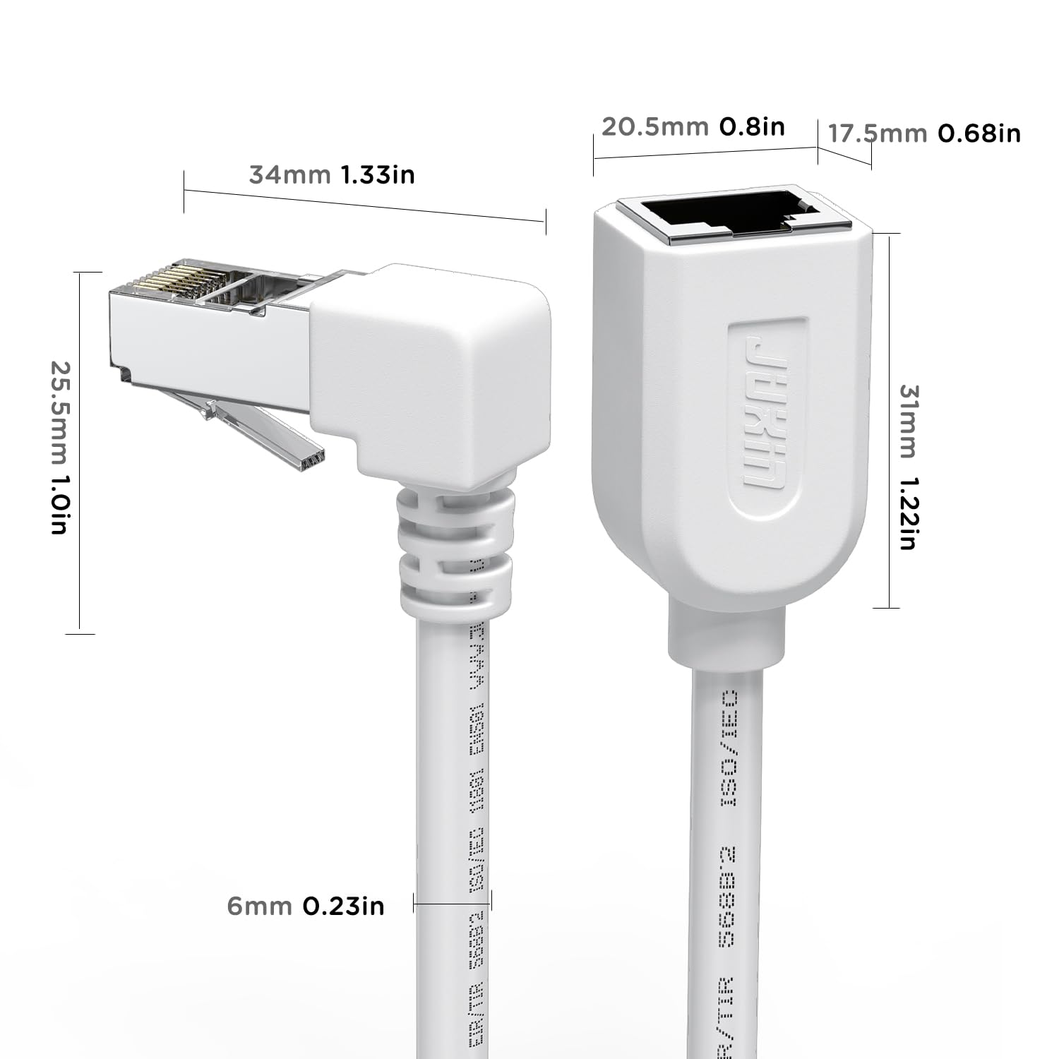 JUXINICE Right Angle Ethernet Extension Cable UPangle 1.5ft-White, 90 Degree CAT6 Ethernet Patch Cable RJ45 LAN Cable Extender Male to Female Connector for Router Modem Smart TV PC Computer Laptop