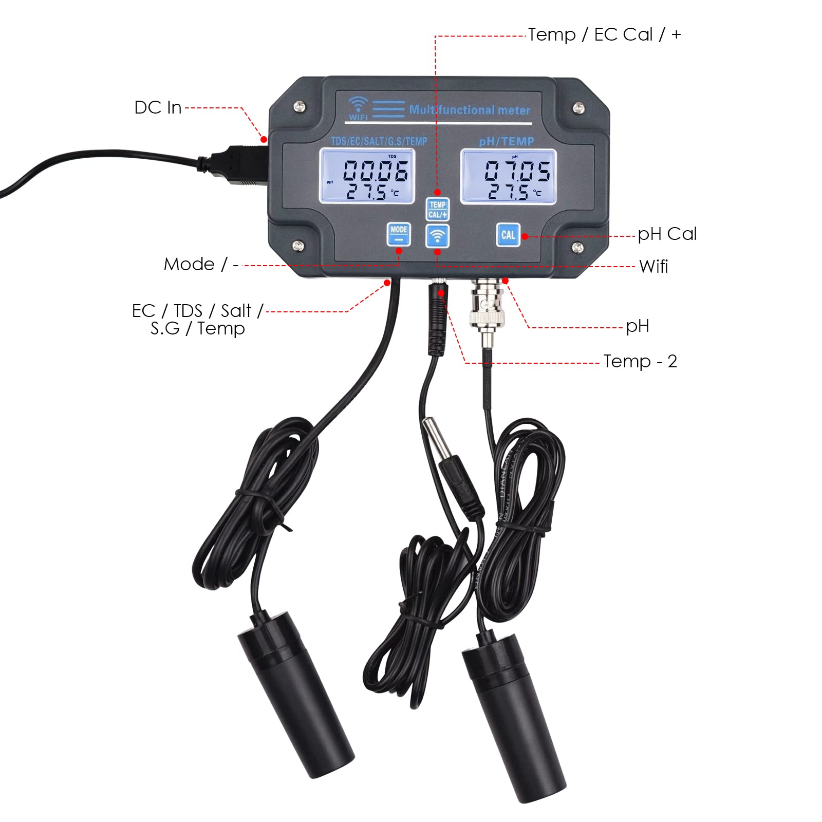 Smart Water Quality Tester, 6-in-1 WiFi pH Meter Monitor pH/EC/TDS/Salinity/SG/Temperature Tester with Easy Calibration 24Hrs Online APP Monitoring for Hydroponics, Aquariums, Saltwater & Seawater