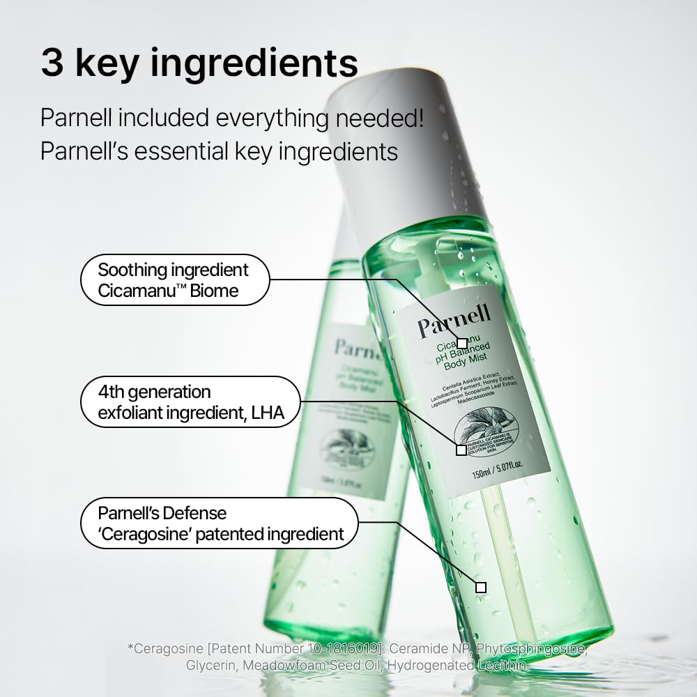 Parnell Cicamanu pH Balanced Body Mist - Centella Asiatica, Hyaluronic Acid, Ceramide, LHA, PHA, Mild Exfoliating, Soothing and Moisturizing Mist for Body, Back Acne and Bacne (5.07 Fl Oz / 150ml)