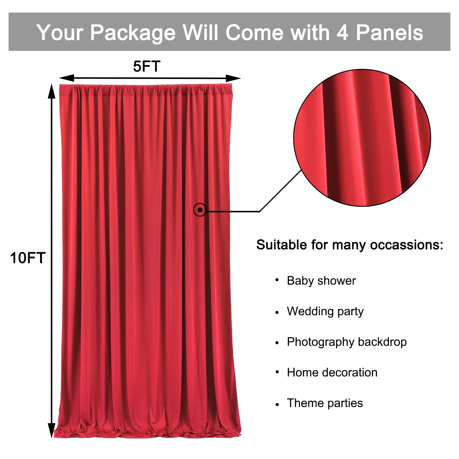 10 ft x 20 ft Wrinkle Free Red Backdrop Curtain for Parties, Polyester Photography Backdrop Drapes for Birthday Party Baby Shower, Thick Background Curtain for Backdrop Stand, 4 Panels 5 ft x 10 ft