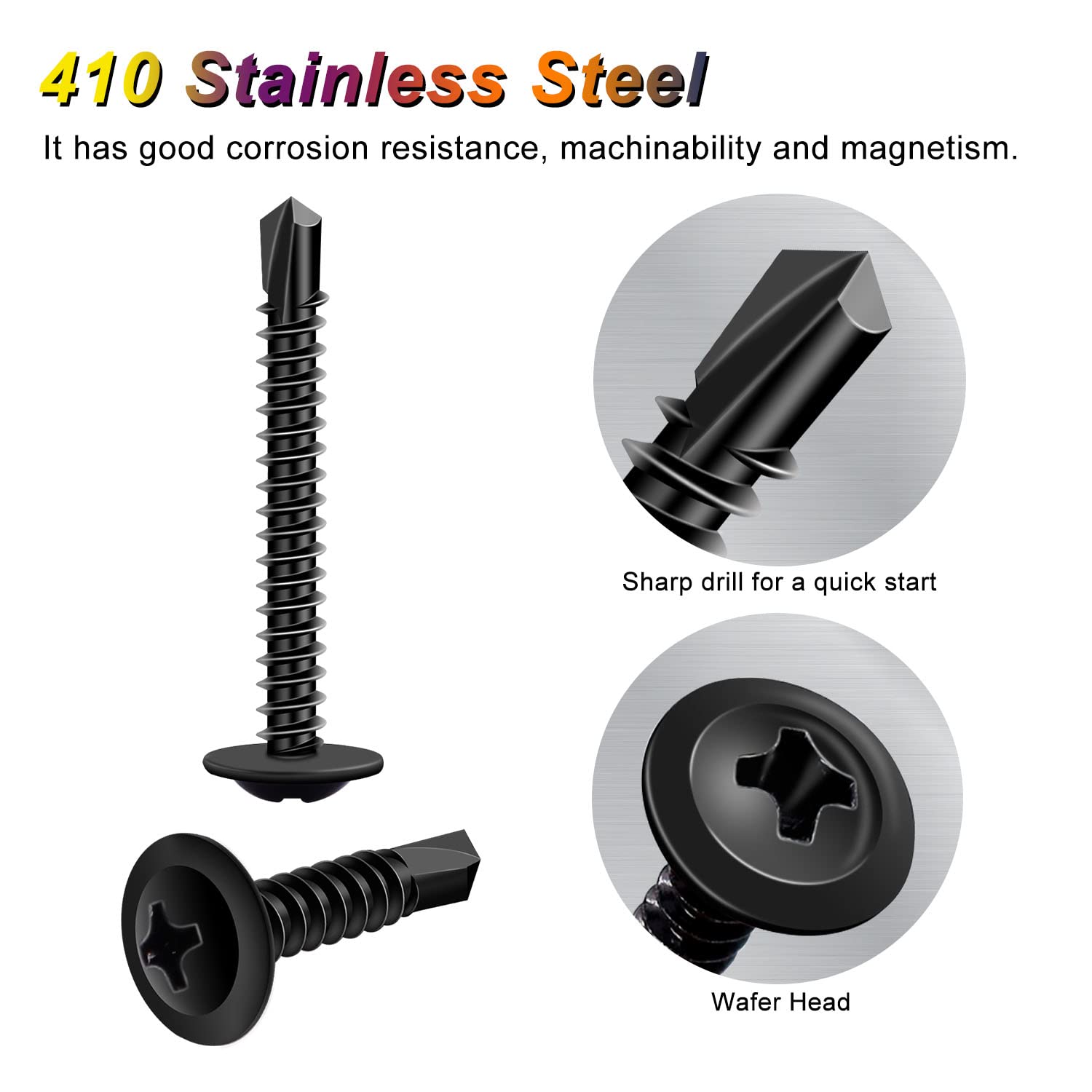 weideer #8 Self Drilling Screws Self Tapping Tek Screws Assortment Kit Black Oxide Truss Head Sheet Metal Screws 410 Stainless Steel 205pcs (1/2" to1-1/4)