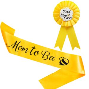 2 packs yellow mom to bee sash and dad to bee tinplate badge, baby shower decorations with cute bee pattern baby welcome party