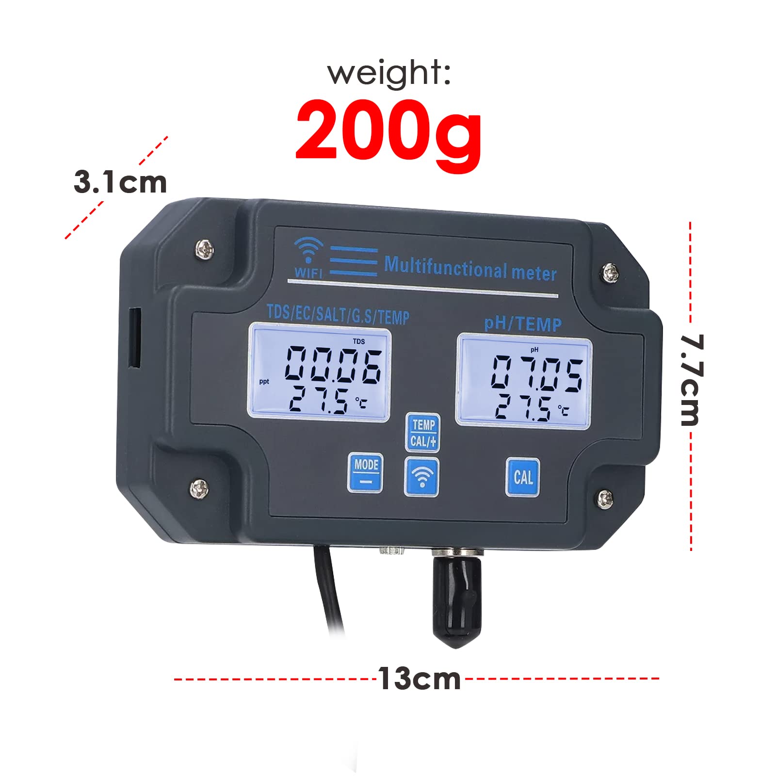 Smart Water Quality Tester, 6-in-1 WiFi pH Meter Monitor pH/EC/TDS/Salinity/SG/Temperature Tester with Easy Calibration 24Hrs Online APP Monitoring for Hydroponics, Aquariums, Saltwater & Seawater