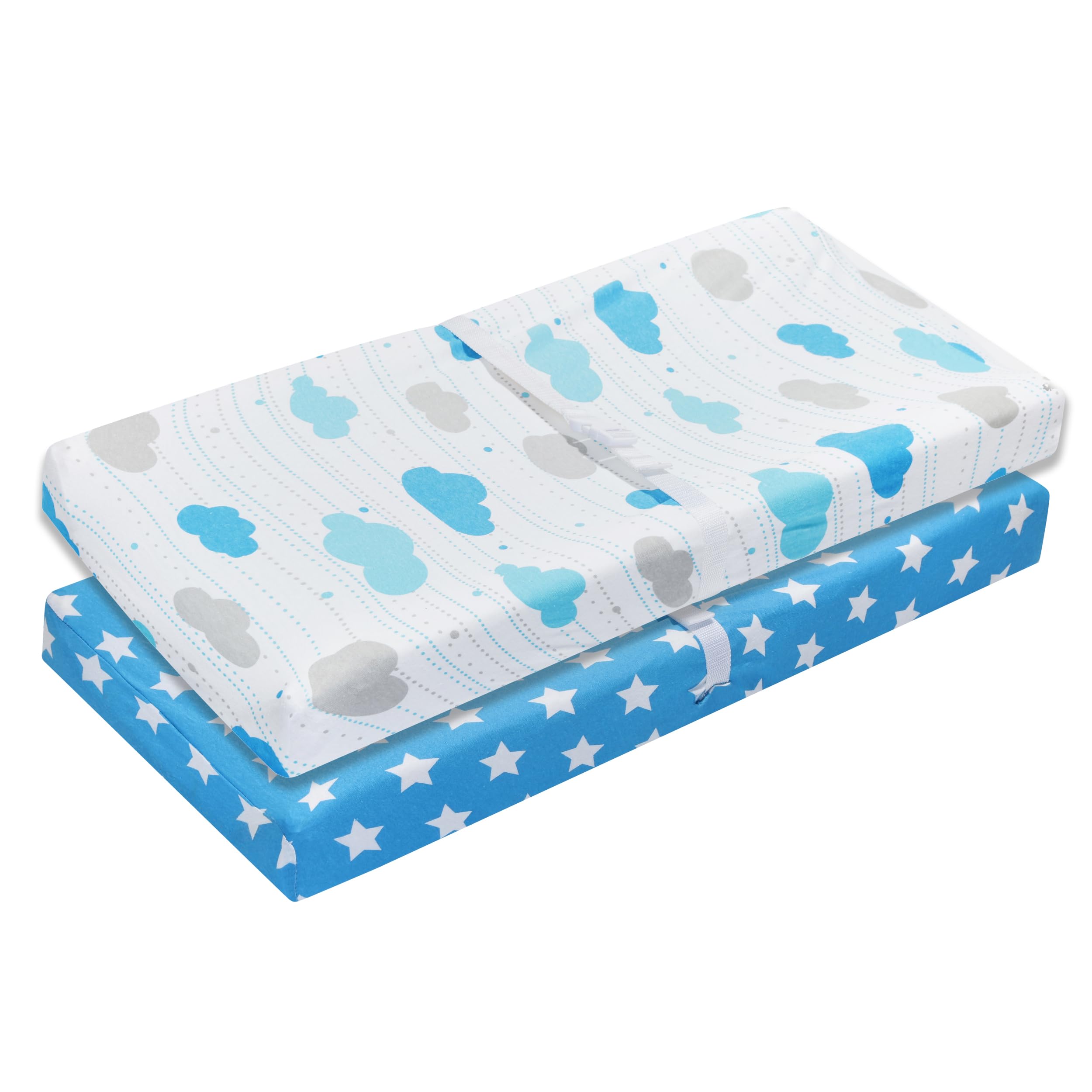 EVERYDAY KIDS 2 Pack Baby Changing Pad Covers for Baby Boy – Fits Most Changing Table Pads; 100% Cotton Jersey Knit, Breathable, Soft Changing Table Topper - Blue, White Stars + Blue, Gray Clouds