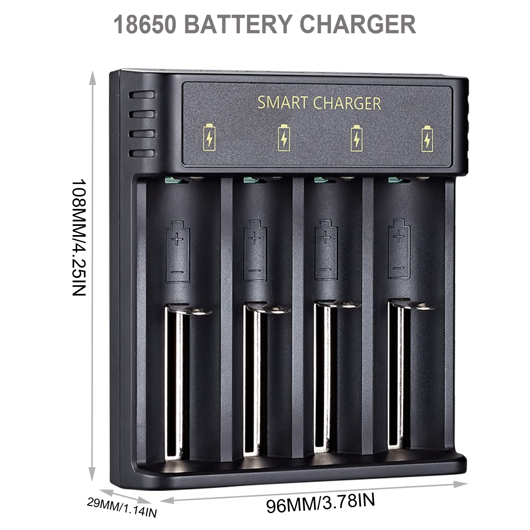 18650 Battery Charger 4 Bay Smart Universal Charger for 3.7V Rechargeable Batteries Li-ion Batteries 18650 26650 14500 16340(CR123) 21700 18490 18350 Batteries (Not Battery)