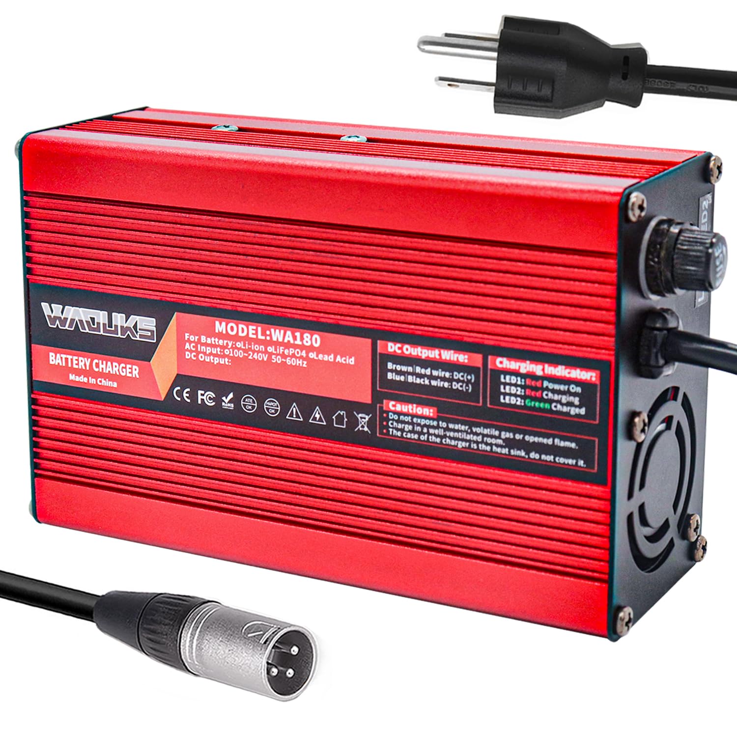 WAOUKS 58.8V 3A Charger 52V Li-ion Battery Charger with Red Aluminum Case and Cooling Fan Output 3prong XLR Connector Used for 14S 52V 51.8V Lithium Battery Pack