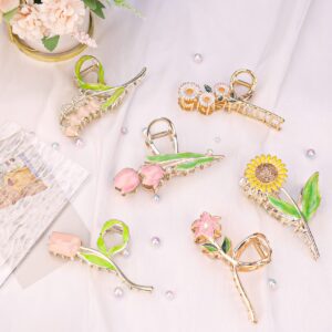 6 Pcs Large Metal Tulip, Sunflower, and Lily Hair Claws - Non-Slip Floral Hair Clips for Thin and Thick Hair