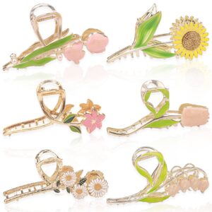 6 pcs large metal tulip, sunflower, and lily hair claws - non-slip floral hair clips for thin and thick hair