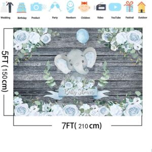 AIBIIN 7x5ft Baby Elephant Baby Shower Backdrop for Boy Rustic Wood Blue Floral Elephant Baby Shower Background Elephant Newborn It's a Boy Baby Shower Party Decorations Supplies Backdrop Banner