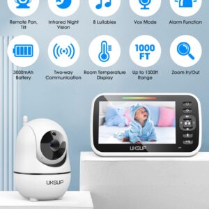 Baby Monitor with 4 Cameras and Audio - 5” Display Video Baby Monitor with 30 Hours Battery Life, Remote Pan & Tilt, 2X Zoom,Auto Night Vision, 2 Way Talk, Temperature Sensor,Lullabies,960 Feet Range