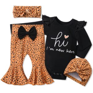 ADIFUN Newborn Girl Clothes Hi I'M New Here Black Ruffle Long Sleeve Tops Tights Leopard Baby Bell Bottoms Headband Hood 4pcs Set Newborn Baby Girl Outfits