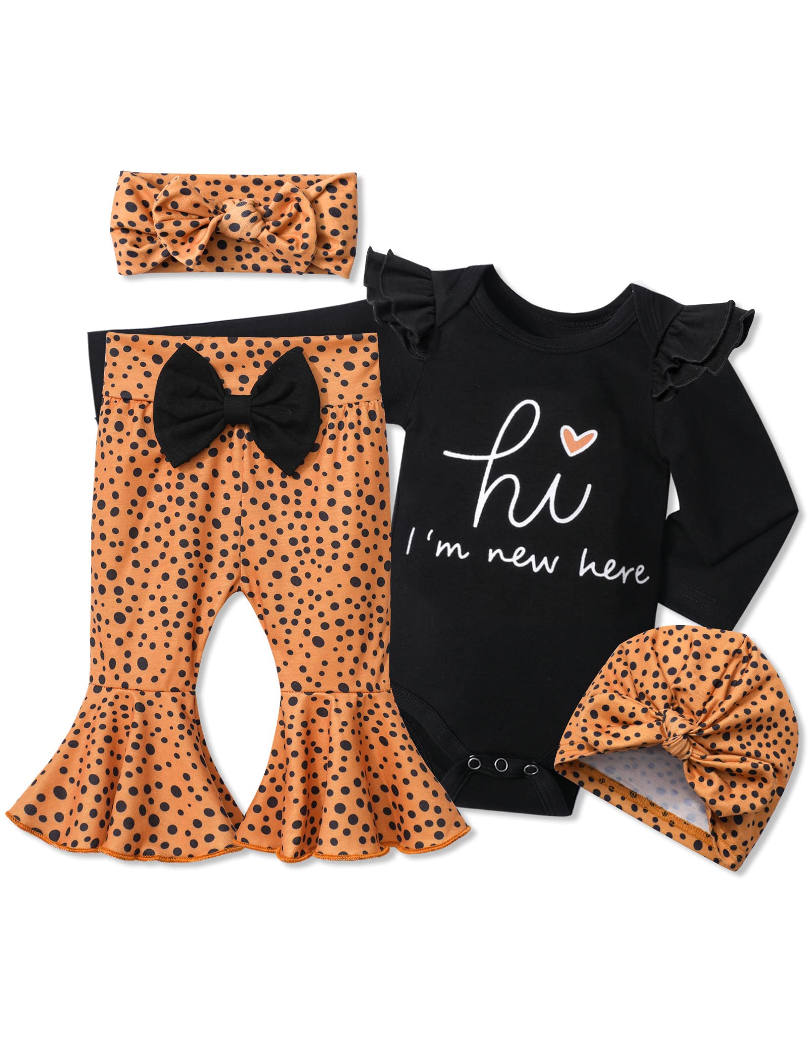 ADIFUN Newborn Girl Clothes Hi I'M New Here Black Ruffle Long Sleeve Tops Tights Leopard Baby Bell Bottoms Headband Hood 4pcs Set Newborn Baby Girl Outfits