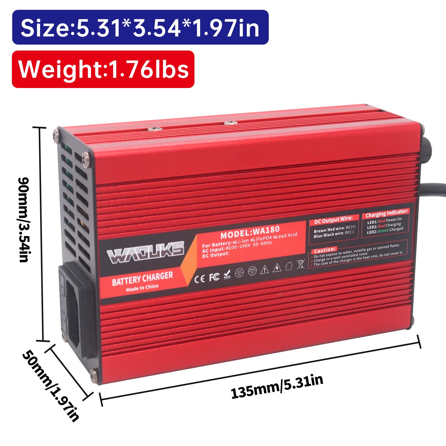 WAOUKS 58.8V 3A Charger 52V Li-ion Battery Charger with Red Aluminum Case and Cooling Fan Output 3prong XLR Connector Used for 14S 52V 51.8V Lithium Battery Pack