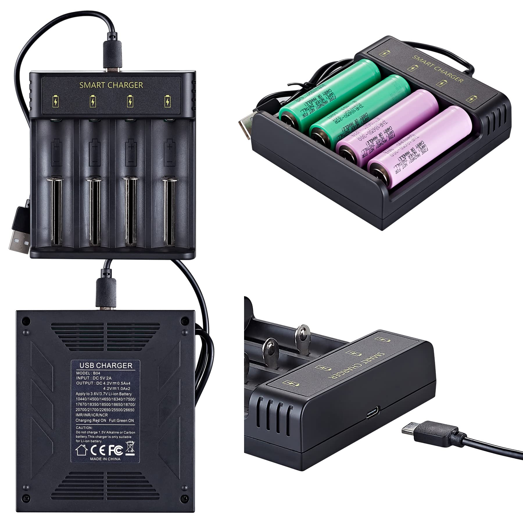 18650 Battery Charger 4 Bay Smart Universal Charger for 3.7V Rechargeable Batteries Li-ion Batteries 18650 26650 14500 16340(CR123) 21700 18490 18350 Batteries (Not Battery)