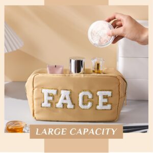 Remerry 4 Pcs Nylon Cosmetic Bag Travel Organizer Chenille Letter Makeup Pouch Zipper Preppy Waterproof Hair Bag Toiletry Pouch for Women Girls(Light Brown, Beige, Light Pink, White)