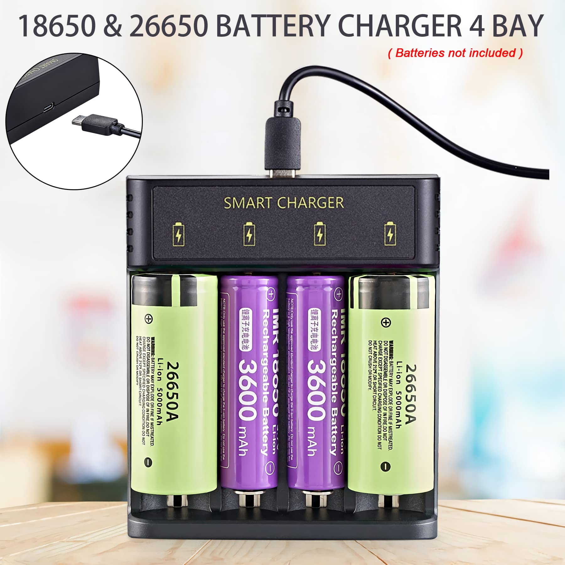 18650 Battery Charger 4 Bay Smart Universal Charger for 3.7V Rechargeable Batteries Li-ion Batteries 18650 26650 14500 16340(CR123) 21700 18490 18350 Batteries (Not Battery)