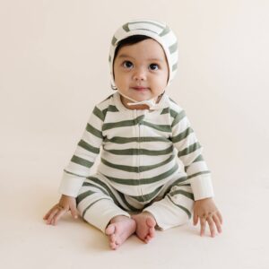 MakeMake Organics GOTS Organic Cotton Bonnet Hat Baby Newborn - Set of 2 Fits 0-6 Months (Driftwood and Basil Stripes)