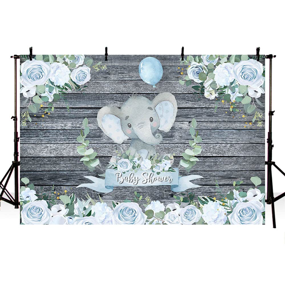 AIBIIN 7x5ft Baby Elephant Baby Shower Backdrop for Boy Rustic Wood Blue Floral Elephant Baby Shower Background Elephant Newborn It's a Boy Baby Shower Party Decorations Supplies Backdrop Banner