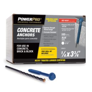 Power Pro Blue Hex Washer-Head Concrete Screw Anchors (1/4" x 3-3/4") - 100 pc