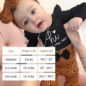 ADIFUN Newborn Girl Clothes Hi I'M New Here Black Ruffle Long Sleeve Tops Tights Leopard Baby Bell Bottoms Headband Hood 4pcs Set Newborn Baby Girl Outfits