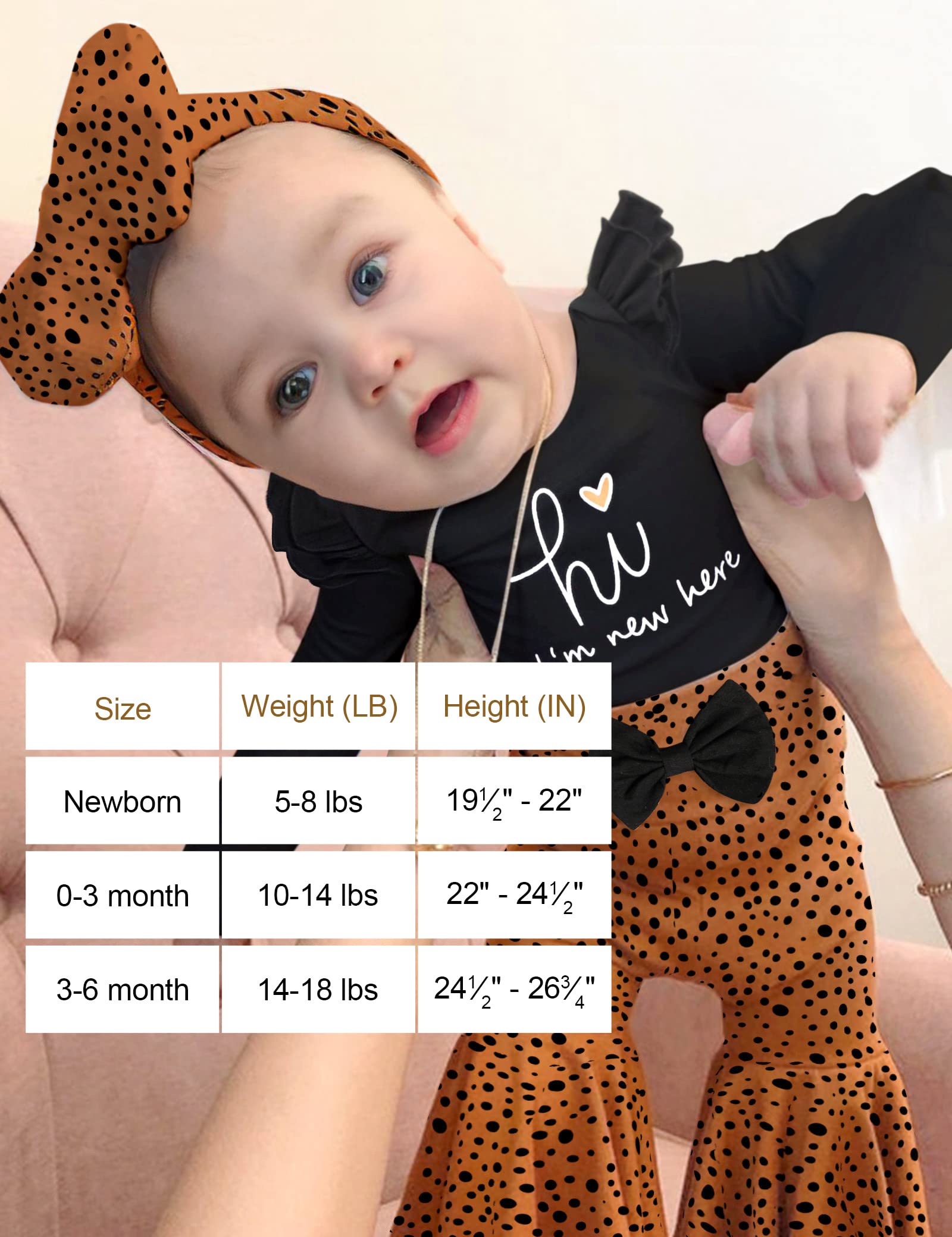 ADIFUN Newborn Girl Clothes Hi I'M New Here Black Ruffle Long Sleeve Tops Tights Leopard Baby Bell Bottoms Headband Hood 4pcs Set Newborn Baby Girl Outfits