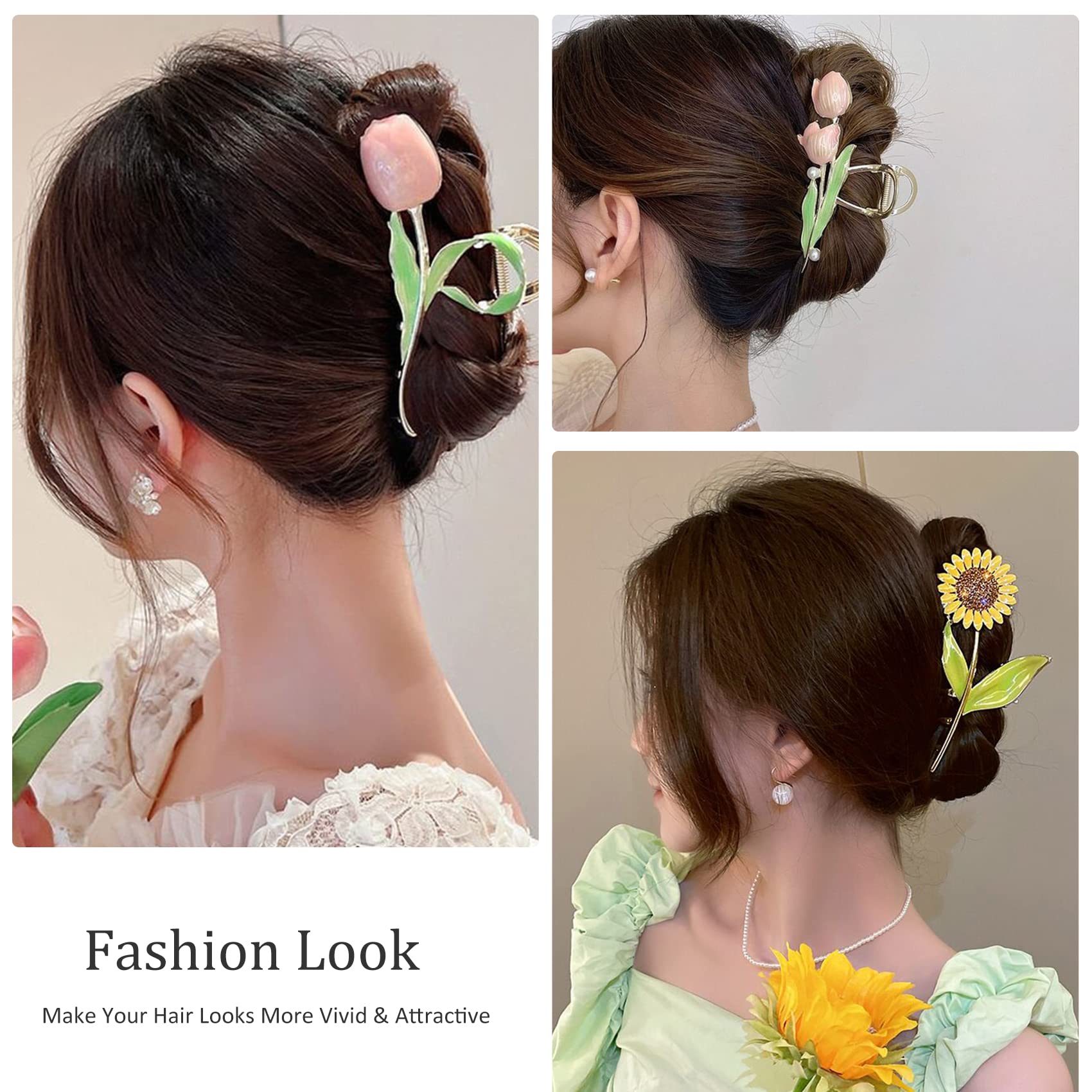 6 Pcs Large Metal Tulip, Sunflower, and Lily Hair Claws - Non-Slip Floral Hair Clips for Thin and Thick Hair