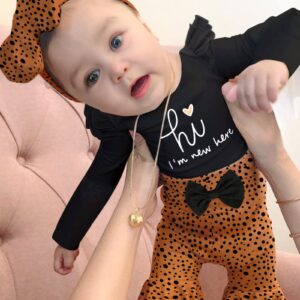 ADIFUN Newborn Girl Clothes Hi I'M New Here Black Ruffle Long Sleeve Tops Tights Leopard Baby Bell Bottoms Headband Hood 4pcs Set Newborn Baby Girl Outfits