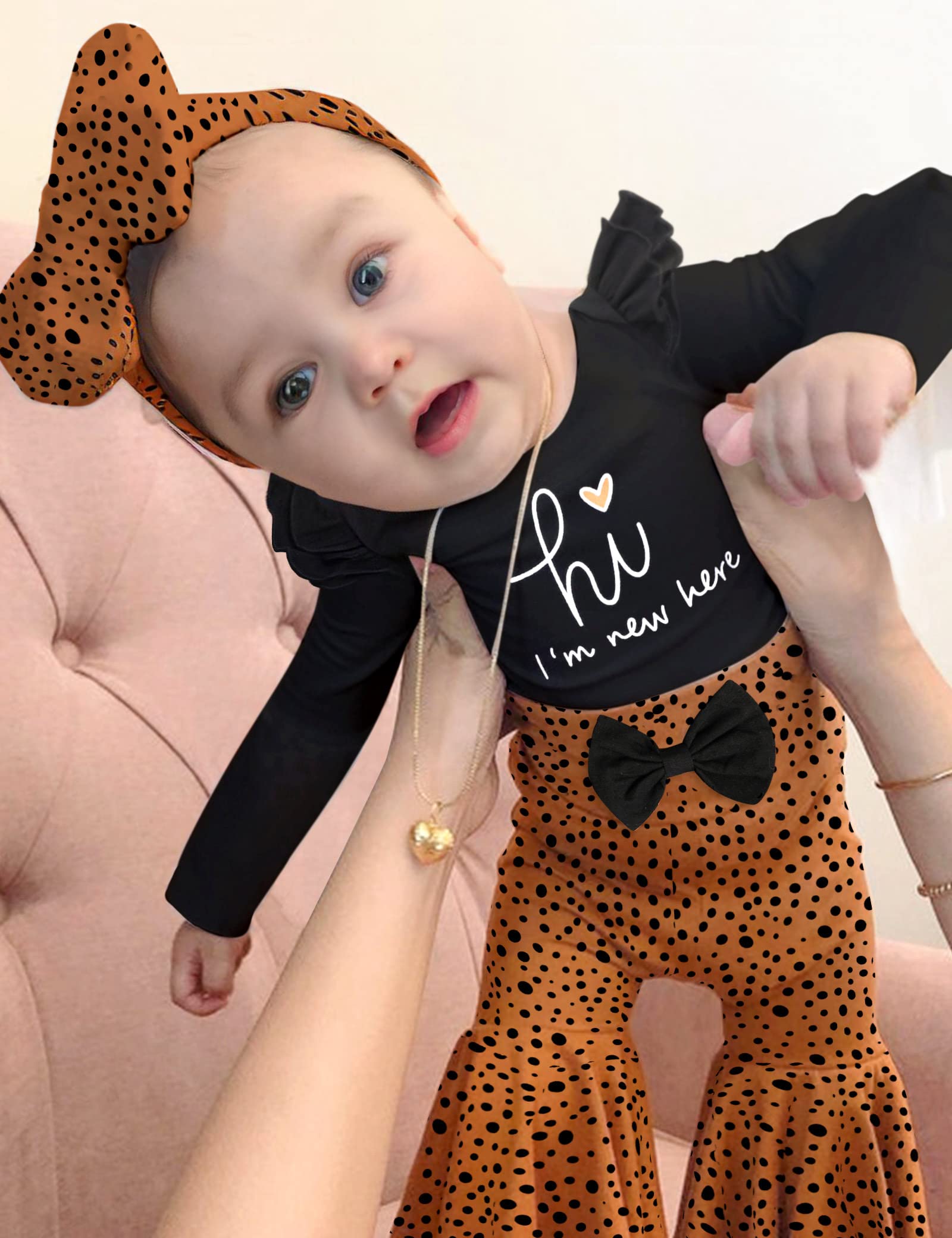 ADIFUN Newborn Girl Clothes Hi I'M New Here Black Ruffle Long Sleeve Tops Tights Leopard Baby Bell Bottoms Headband Hood 4pcs Set Newborn Baby Girl Outfits