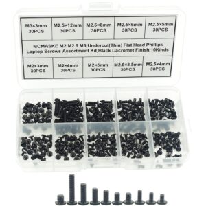 MCMASKE 10 Kinds M2 M2.5 M3 Undercut Flat Head Phillips Laptop Screws Assortment Kit,Black Dacromet Finish (300)