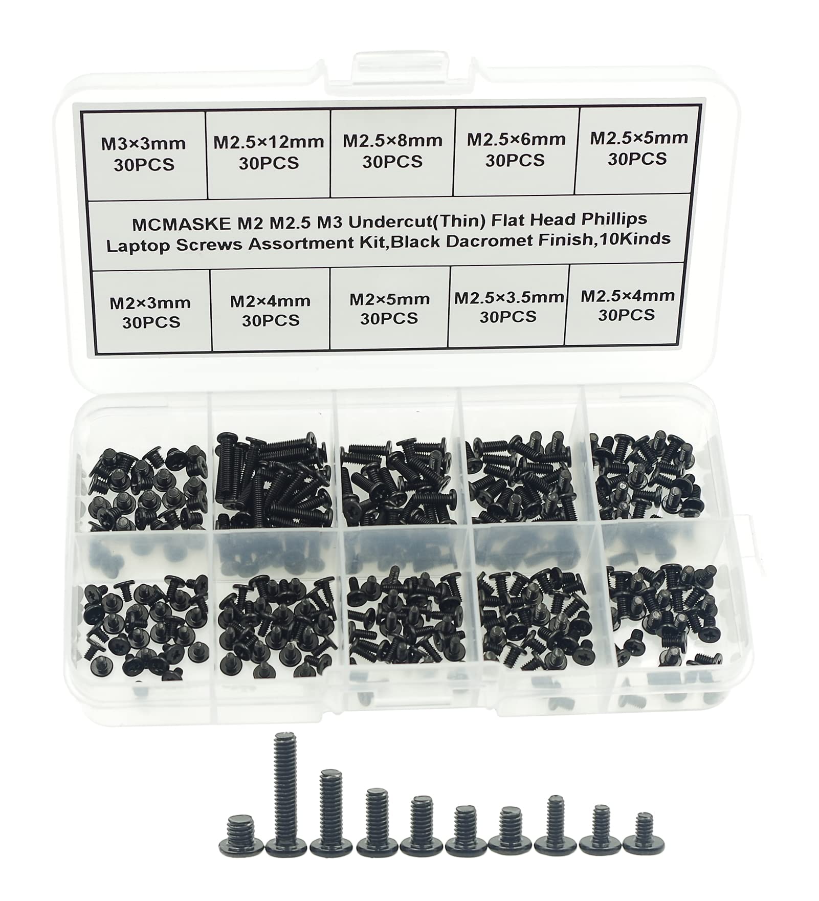 MCMASKE 10 Kinds M2 M2.5 M3 Undercut Flat Head Phillips Laptop Screws Assortment Kit,Black Dacromet Finish (300)