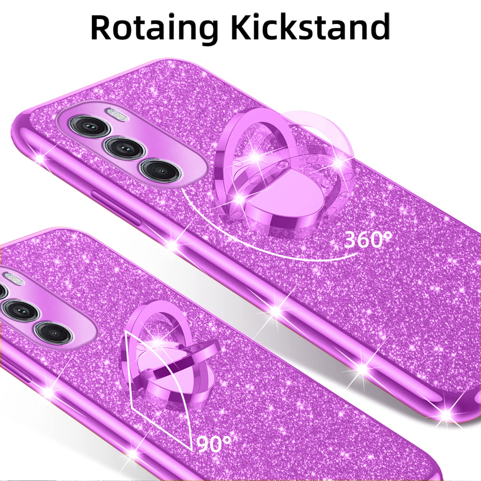 for Moto G-Stylus 5G 2022 Case: (NOT 4G/G Stylus 5G 2021) Motorola Phone Case with Ring Kickstand Lanyard Strap Shockproof Protective Cover Girls Women Cute Soft TPU Glitter Case - Purple