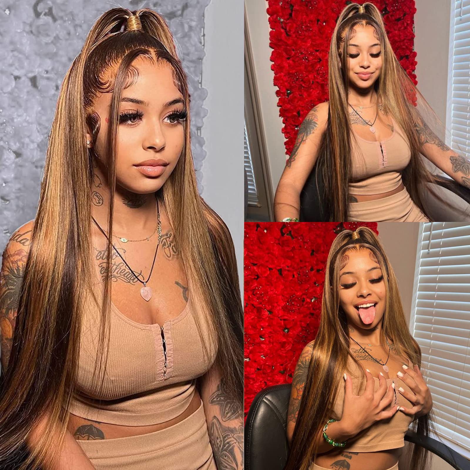 SUPERLOOK Honey Blonde Lace Front Wigs Human Hair 13x4 Ombre Lace Front Wig Human Hair 4/27 Highlight Lace Front Wigs Human Hair 200% Density HD Lace Frontal wig (20inch,4/27 13X4 Straight)