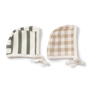 makemake organics gots organic cotton bonnet hat baby newborn - set of 2 fits 0-6 months (driftwood and basil stripes)