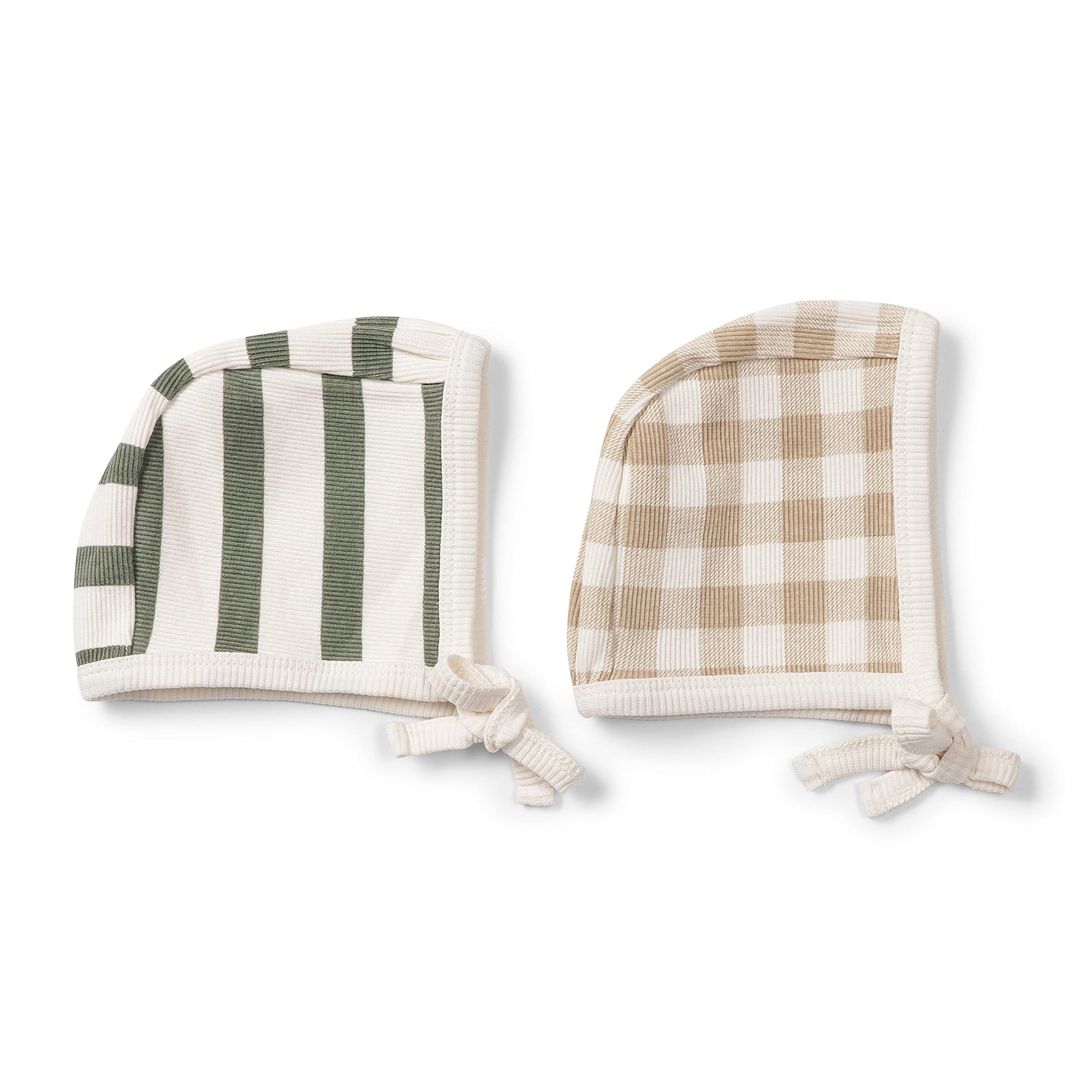 MakeMake Organics GOTS Organic Cotton Bonnet Hat Baby Newborn - Set of 2 Fits 0-6 Months (Driftwood and Basil Stripes)