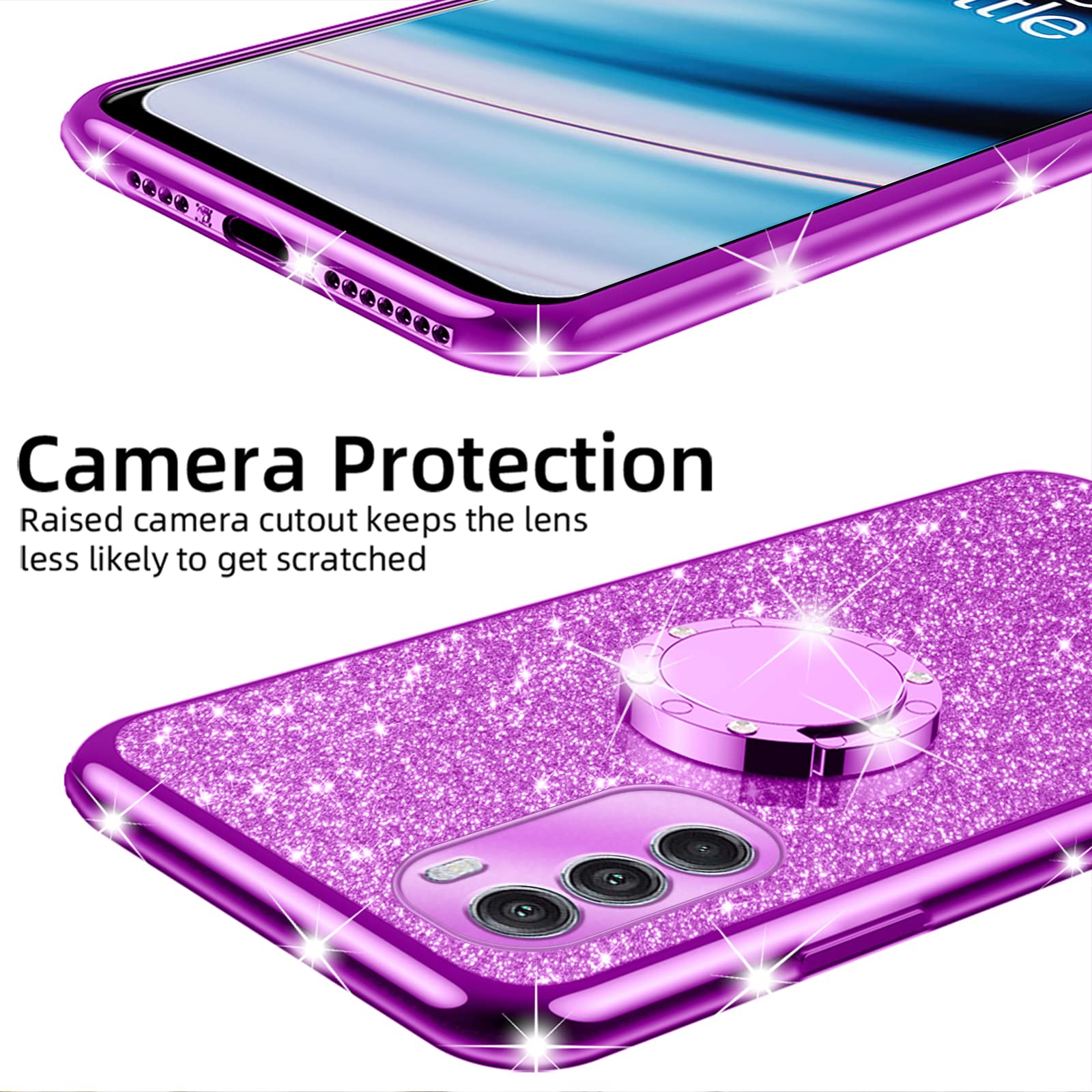 for Moto G-Stylus 5G 2022 Case: (NOT 4G/G Stylus 5G 2021) Motorola Phone Case with Ring Kickstand Lanyard Strap Shockproof Protective Cover Girls Women Cute Soft TPU Glitter Case - Purple