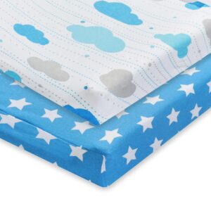 EVERYDAY KIDS 2 Pack Baby Changing Pad Covers for Baby Boy – Fits Most Changing Table Pads; 100% Cotton Jersey Knit, Breathable, Soft Changing Table Topper - Blue, White Stars + Blue, Gray Clouds