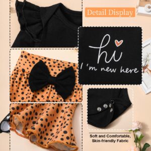 ADIFUN Newborn Girl Clothes Hi I'M New Here Black Ruffle Long Sleeve Tops Tights Leopard Baby Bell Bottoms Headband Hood 4pcs Set Newborn Baby Girl Outfits