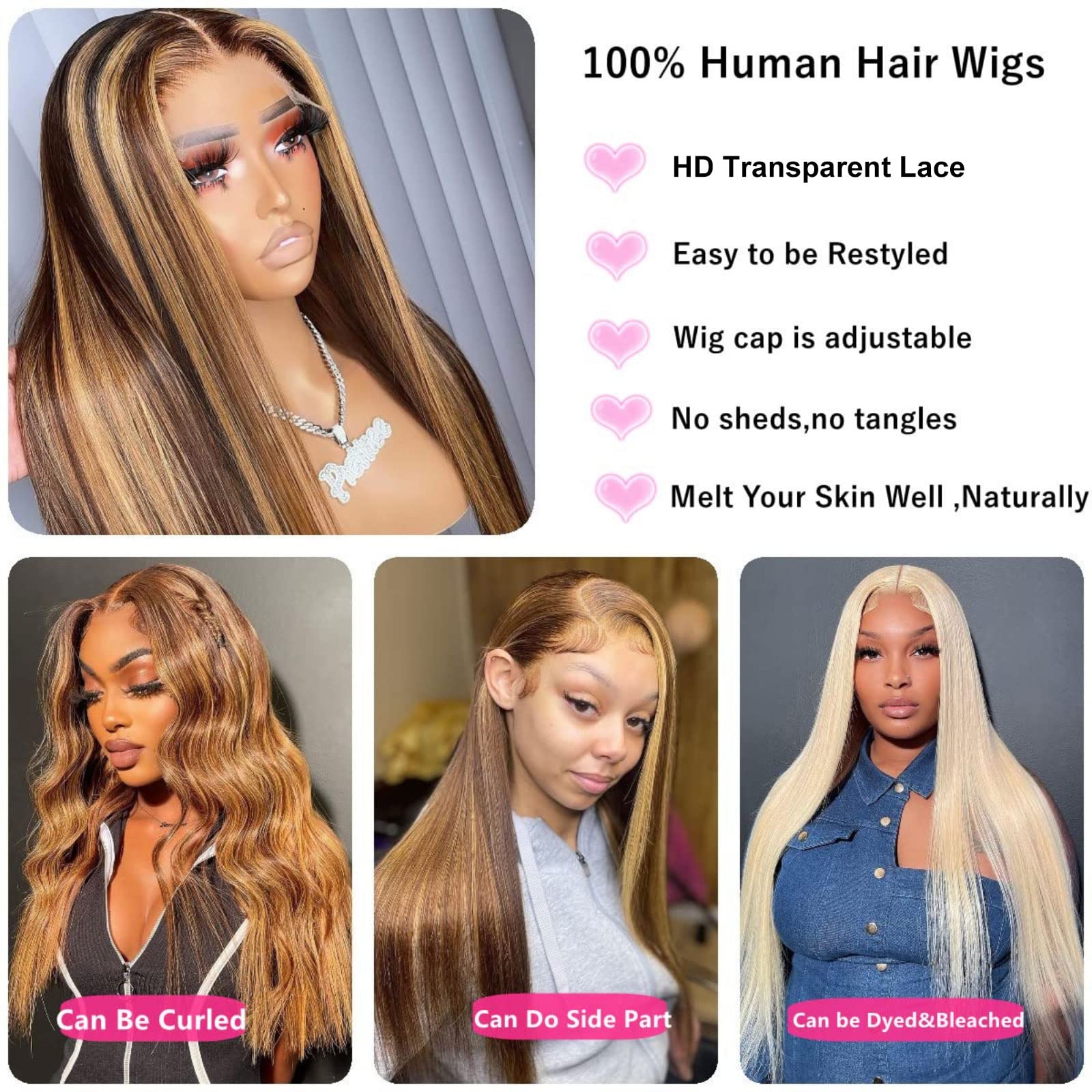 SUPERLOOK Honey Blonde Lace Front Wigs Human Hair 13x4 Ombre Lace Front Wig Human Hair 4/27 Highlight Lace Front Wigs Human Hair 200% Density HD Lace Frontal wig (20inch,4/27 13X4 Straight)