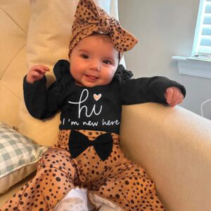 ADIFUN Newborn Girl Clothes Hi I'M New Here Black Ruffle Long Sleeve Tops Tights Leopard Baby Bell Bottoms Headband Hood 4pcs Set Newborn Baby Girl Outfits