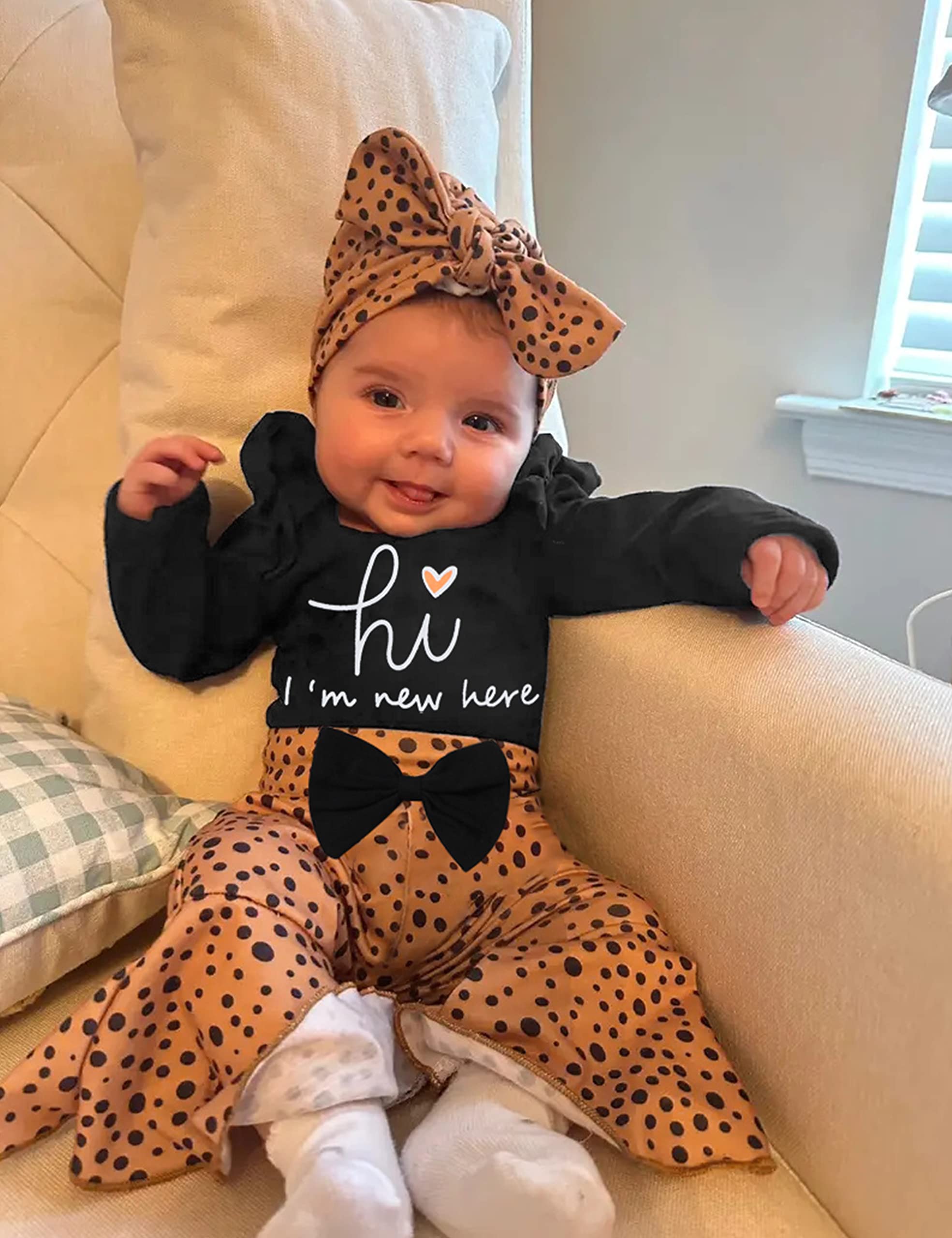 ADIFUN Newborn Girl Clothes Hi I'M New Here Black Ruffle Long Sleeve Tops Tights Leopard Baby Bell Bottoms Headband Hood 4pcs Set Newborn Baby Girl Outfits