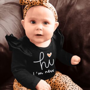 ADIFUN Newborn Girl Clothes Hi I'M New Here Black Ruffle Long Sleeve Tops Tights Leopard Baby Bell Bottoms Headband Hood 4pcs Set Newborn Baby Girl Outfits