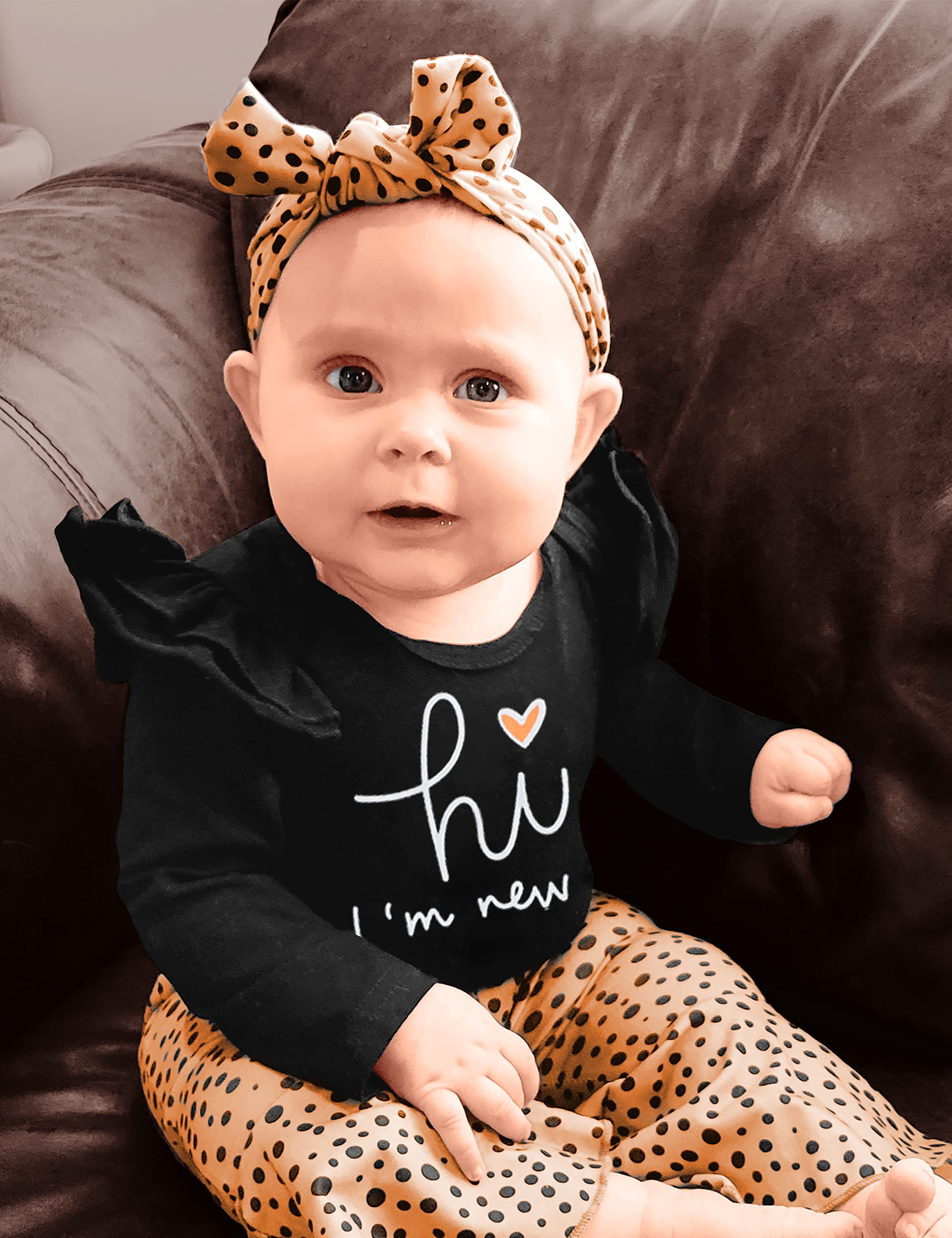 ADIFUN Newborn Girl Clothes Hi I'M New Here Black Ruffle Long Sleeve Tops Tights Leopard Baby Bell Bottoms Headband Hood 4pcs Set Newborn Baby Girl Outfits