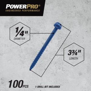 Power Pro Blue Hex Washer-Head Concrete Screw Anchors (1/4" x 3-3/4") - 100 pc