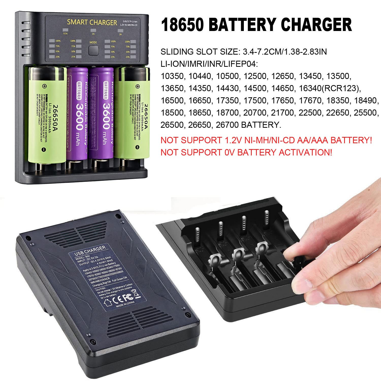 18650 Battery Charger 4 Bay Smart Universal Charger for 3.7V Rechargeable Batteries Li-ion Batteries 18650 26650 14500 16340(CR123) 21700 18490 18350 Batteries (Not Battery)