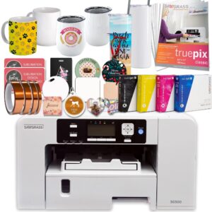 sawgrass uhd virtuoso sg500 sublimation printer starter bundle with inks, paper, tape, blanks assortment, designs and access to exclusive content white, 8.5'' x 11'', (sg500-prnt-bundle-hd-4)