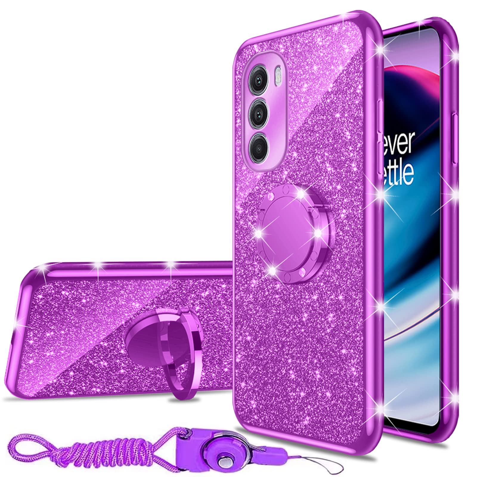 for Moto G-Stylus 5G 2022 Case: (NOT 4G/G Stylus 5G 2021) Motorola Phone Case with Ring Kickstand Lanyard Strap Shockproof Protective Cover Girls Women Cute Soft TPU Glitter Case - Purple