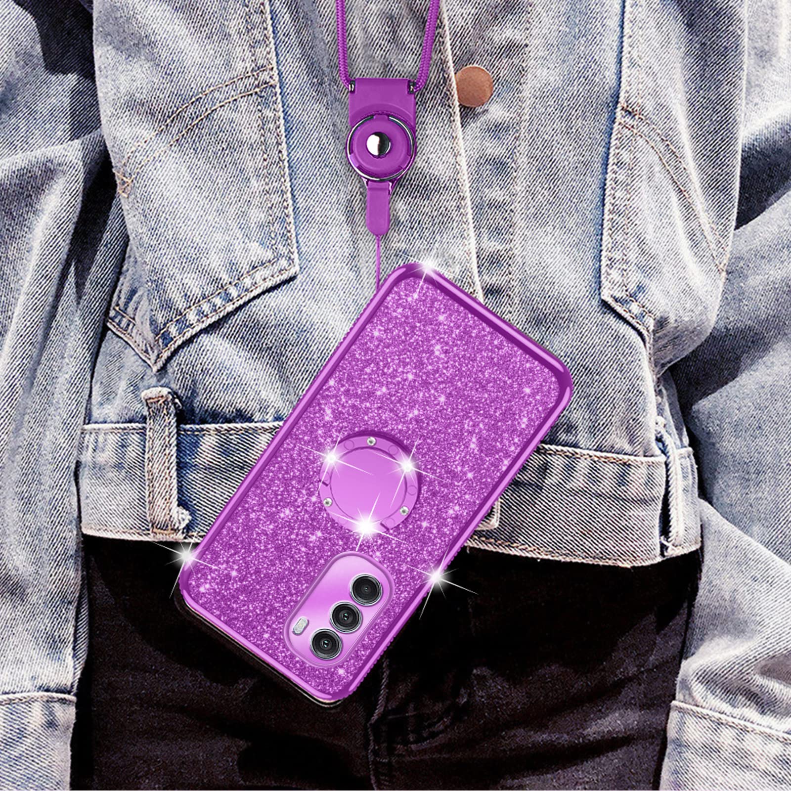 for Moto G-Stylus 5G 2022 Case: (NOT 4G/G Stylus 5G 2021) Motorola Phone Case with Ring Kickstand Lanyard Strap Shockproof Protective Cover Girls Women Cute Soft TPU Glitter Case - Purple