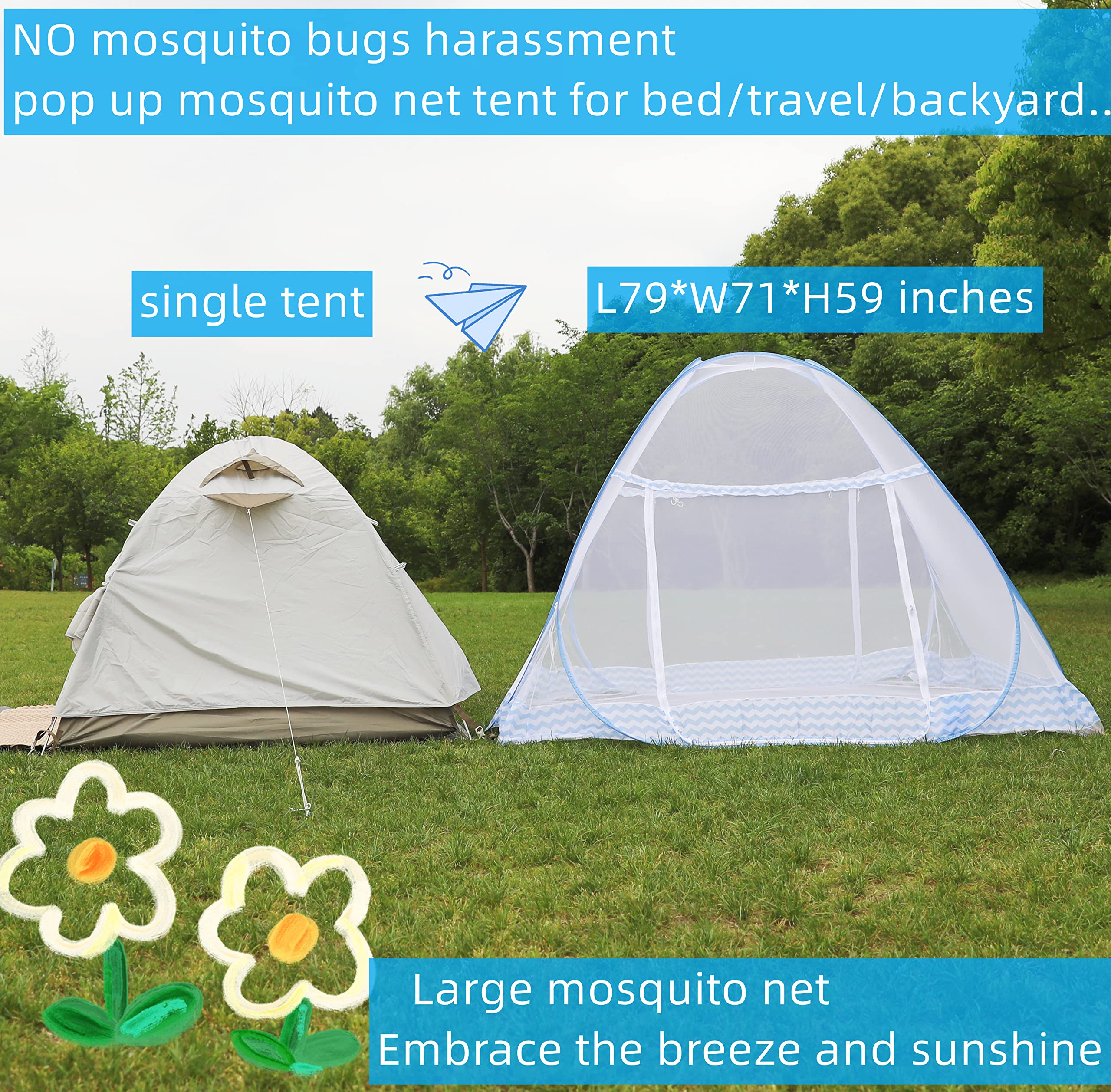 Mosquito Net for Bed,Pop UP Mosquito Net Tent Curtains, L79 x W71 x H59 inch for Twin Queen King Size Bed Tent,Folding Design with Net Bottom for Baby Adults Trip Mosquito Netting